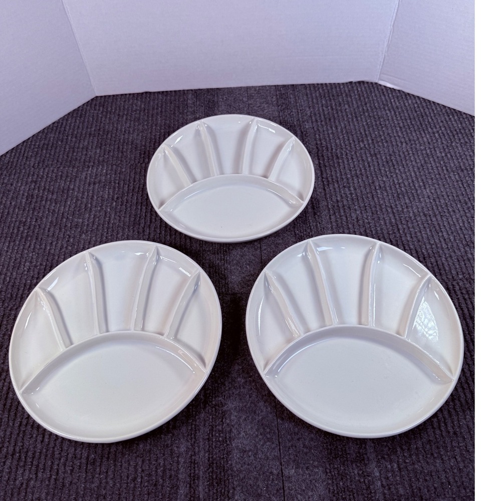 Set of 3 White Ceramic Sushi Fondue Plates 6 Compartment Divided Plates 9.5"